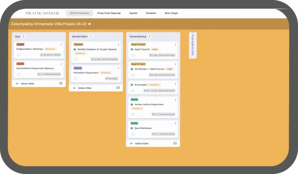 Tadilat Mimarlık Proje yönetim arayüzü görünümü