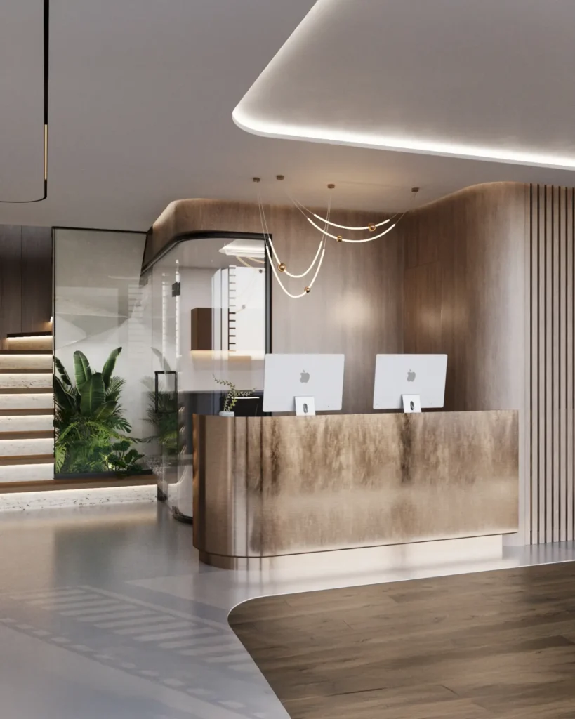 Projelerimiz Zekeriyaköy Diş Polikliniği Anahtar Teslim Tadilat Dekorasyon ve İç Mimarlık Karşılama Render 3D çizim