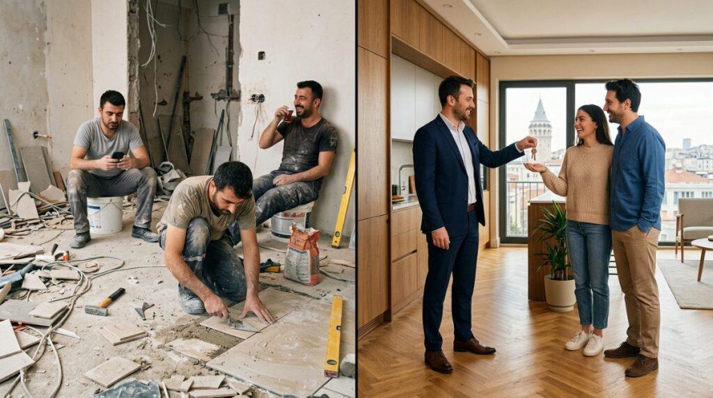 Anahtar Teslim mi, Parça Parça mı Tadilat? Doğru Seçim Parça parça tadilatta bir usta çalışırken diğerleri oyalanıyor; anahtar teslim tadilatta yenilenmiş daire teslim ediliyor