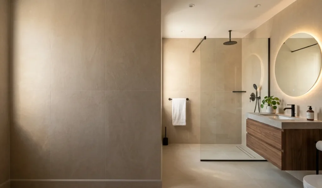 Anahtar teslim banyo tadilatı sonrası yenilenmiş modern banyo, temper cam duşakabin ve ahşap banyo dolabı