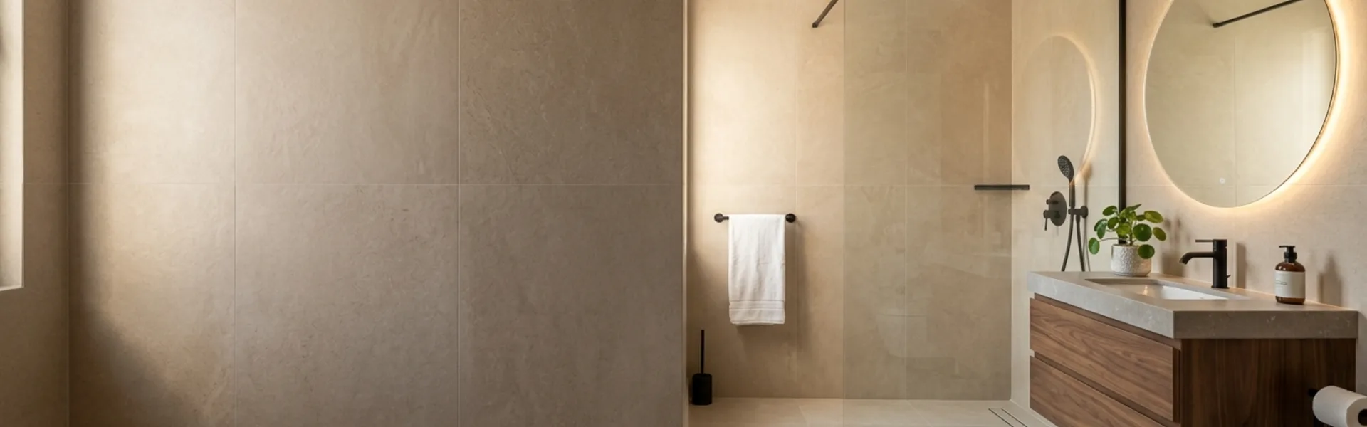 Anahtar teslim banyo tadilatı sonrası yenilenmiş modern banyo, temper cam duşakabin ve ahşap banyo dolabı