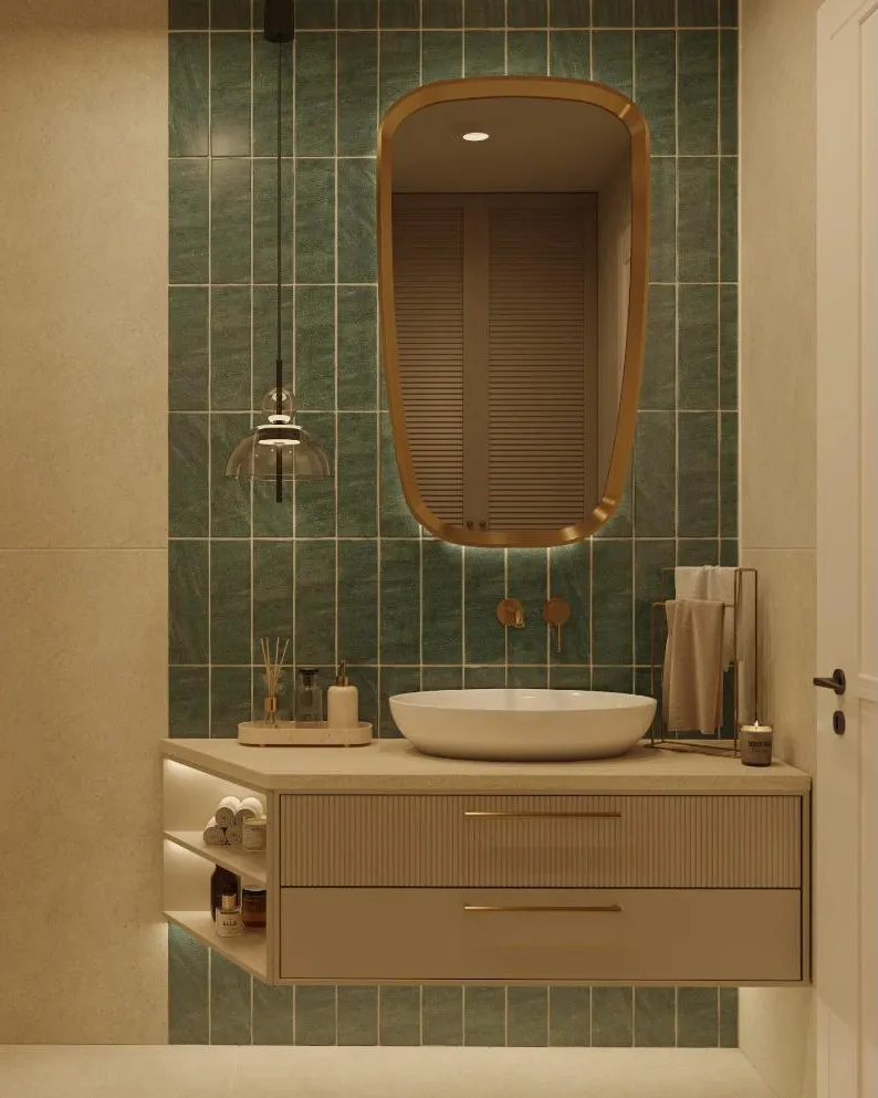 Yeşil karo duvar, bakır çerçeveli ayna ve asma lavabo dolabı, Suadiye banyo projesi