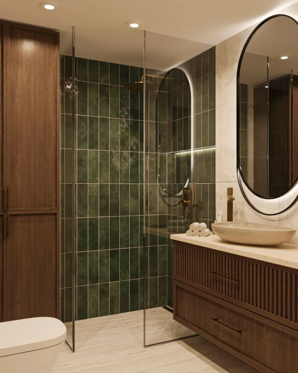 Yeşil seramikli duş alanı ve ahşap banyo dolabı, Tem Avrupa banyo projesi
