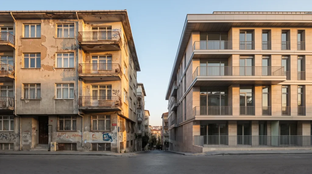 Kentsel dönüşüm öncesi eski apartman ile dönüşüm sonrası yeni konut binası aynı sokakta