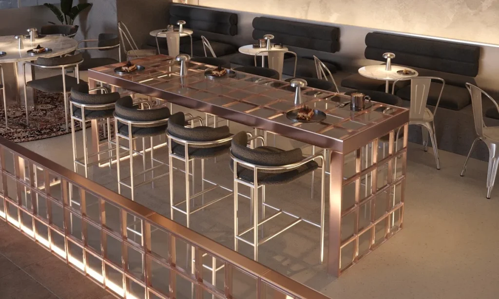 Küçük Cafe Dekorasyon Fikirleri: Butik Kafeler İçin 10 Mimar Önerisi Küçük cafe dekorasyonu, bakır çerçeveli bar masa, bar tabureleri ve duvar boyunca banket oturma