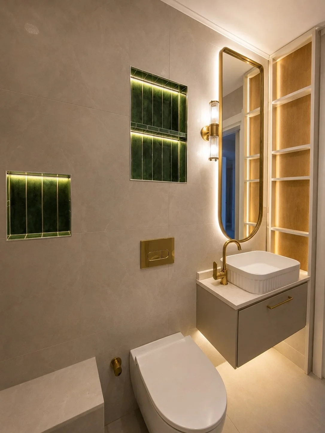 Projelerimiz Suadiye 3+1 Daire Yenileme: Banyo yenileme: yeşil karo nişler, altın çerçeveli ayna ve asma lavabo dolabı